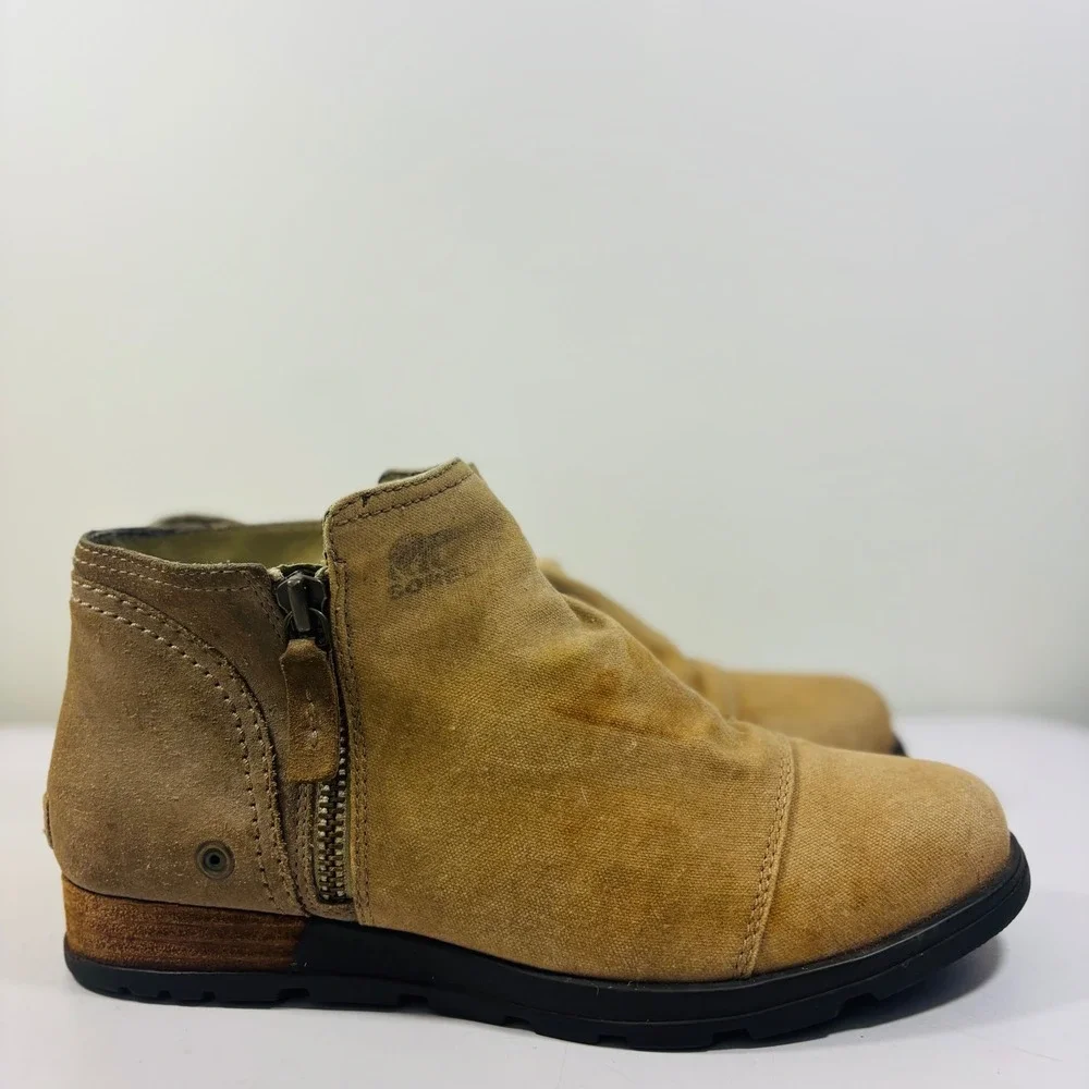 Sorel Major Low Ankle Boots Canvas Suede‎ Tan Side Zip Up Women's Size 10